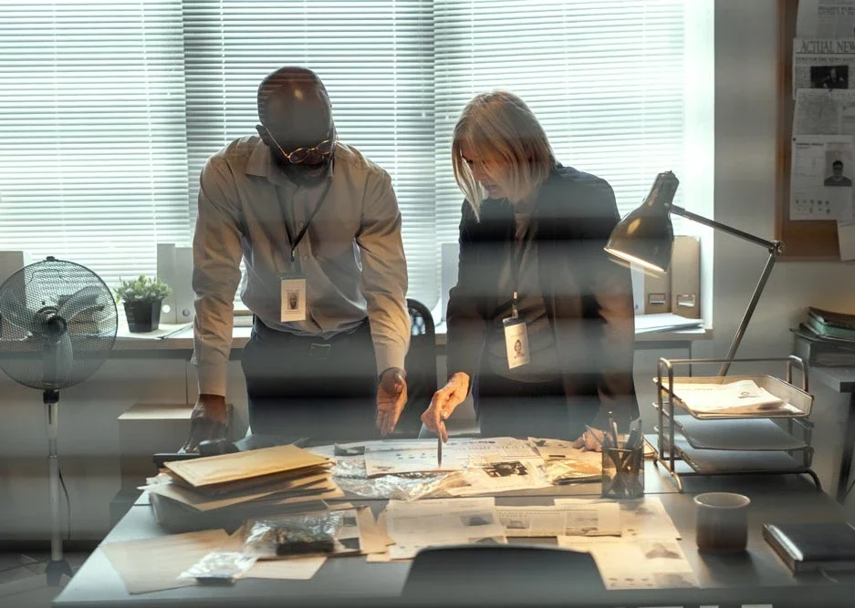 Two confident FBI agents bending over desk with criminal profiles and evidences while pointing at photo of suspect during discussion